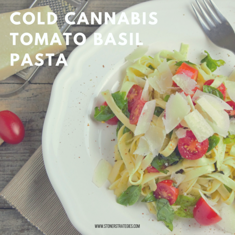 A bowl of colorful Cannabis Tomato Basil Pasta Salad with fresh mozzarella chunks and herbs, a perfect dish for cannabis edibles and Stoner Strategies fans.