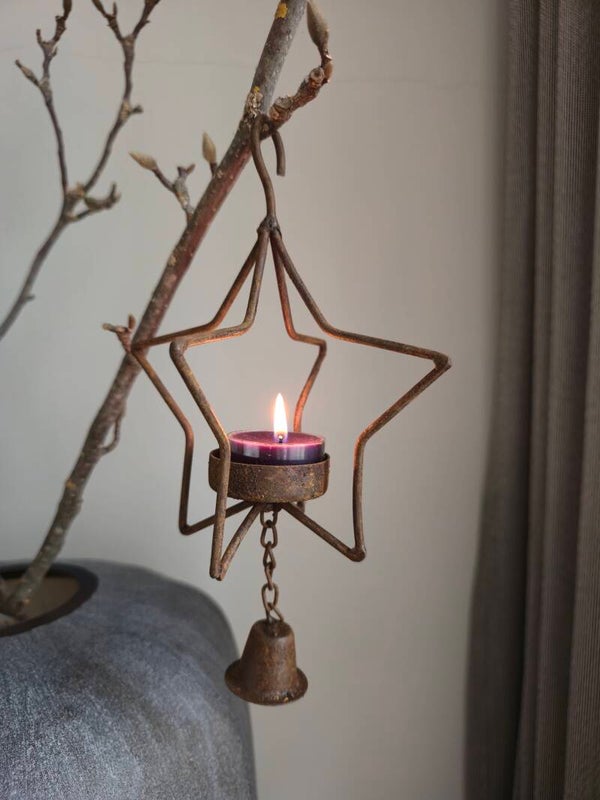 Metalen hanger waxinelichtje ster met belletje