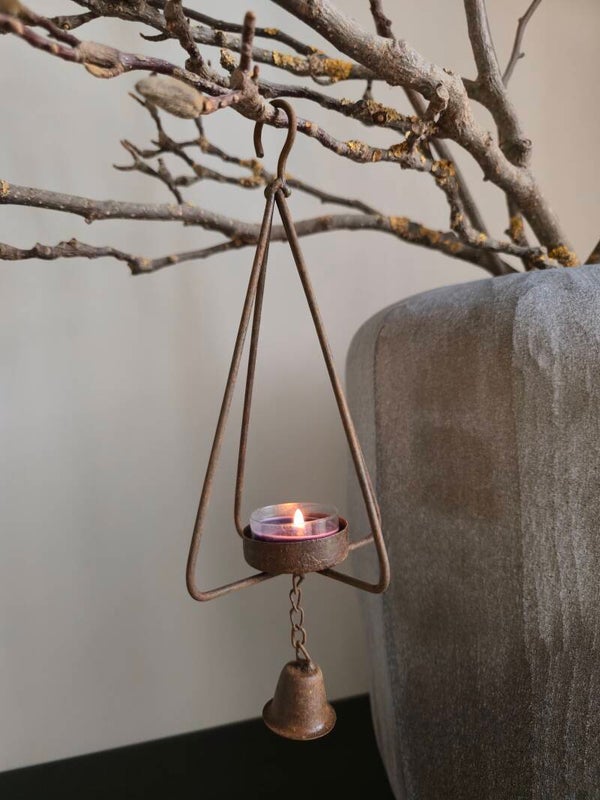 Metalen hanger waxinelichtje driehoek met belletje