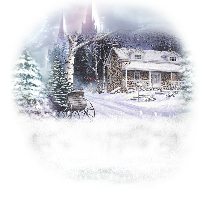 Winterillustratie met besneeuwd huis, lege arrenslee, bomen en magische achtergrond — sfeerbeeld voor PSP-les Winter Beautiful op Hobby4me.