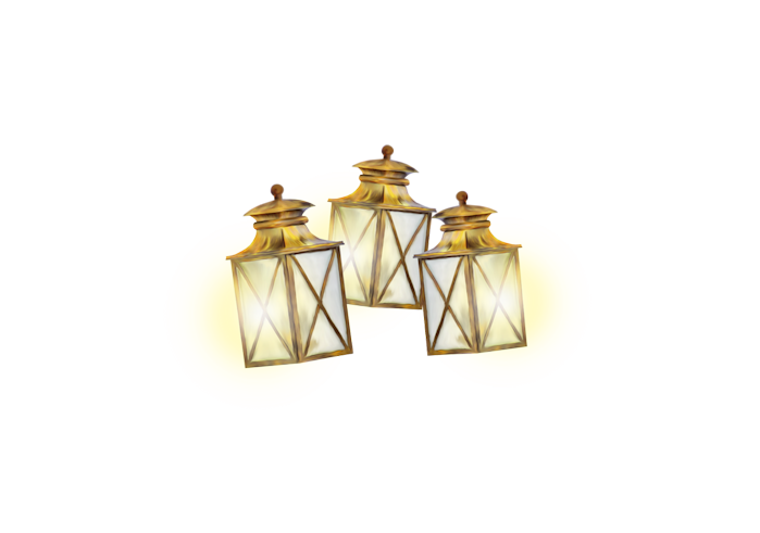 Illustratie van drie vintage lantaarns met warme gele gloed — sfeerbeeld voor PSP-les Wolf in Spotlight op Hobby4me.