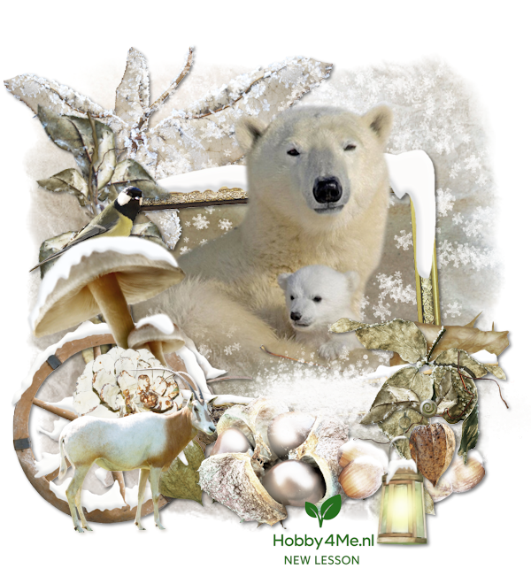 “Wintercollage met uil, besneeuwde bomen en miniatuurhuisjes – PSP-les Fresh Start Bright Heart.”