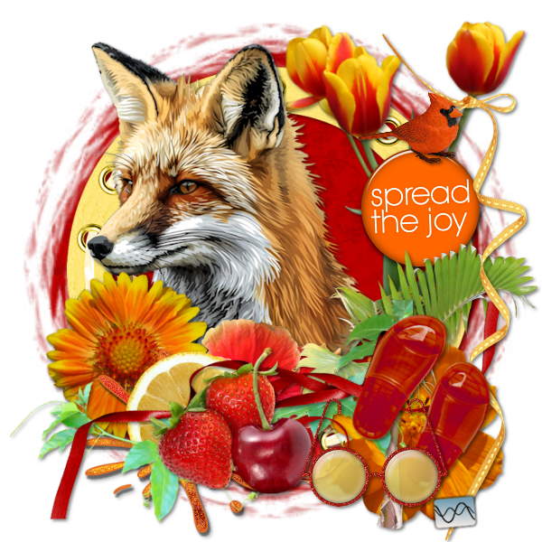 Digitale PSP‑creatie van een vos met bloemen, fruit en tekst Spread the Joy