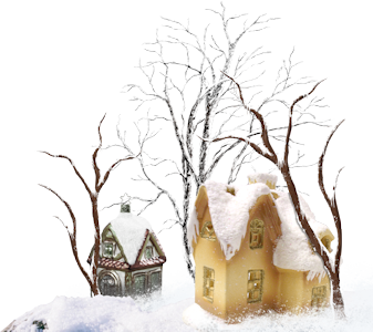 “Winterlandschap met twee besneeuwde huisjes en bomen – PSP-les Blizzard Magic.”