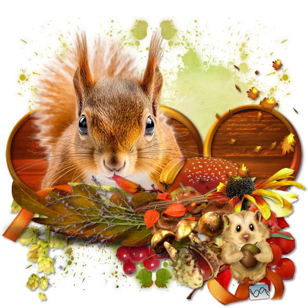 Digitale PSP‑creatie met een eekhoorn, herfstbladeren, paddenstoelen en warme herfstkleuren
