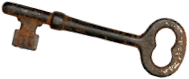 "Oude, roestige metalen sleutel met ronde kop en eenvoudige rechthoekige inkeping."