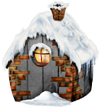 "Sfeervol winterhuisje met warme lichtgloed en dikke sneeuwlaag – decoratief element voor PSP-les van Hobby4Me.nl"