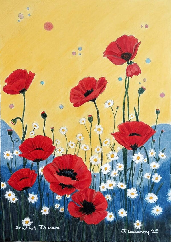 Fields of Poppies - a set of 3 x original framed drawings