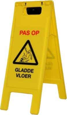 Vloerbord geel met tekst pas op gladde vloer