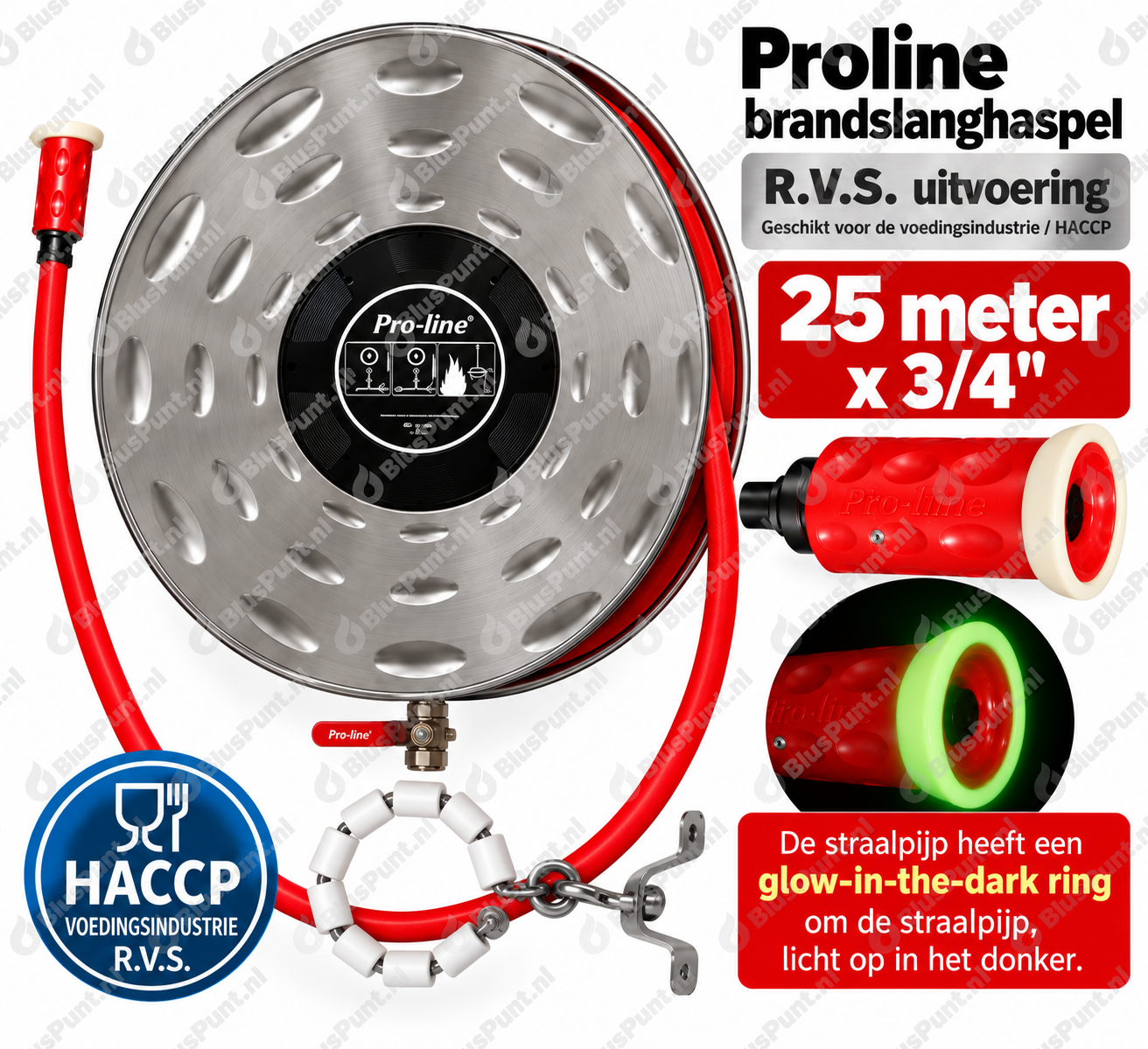 Brandhaspel 25 meter x 3/4 RVS Proline