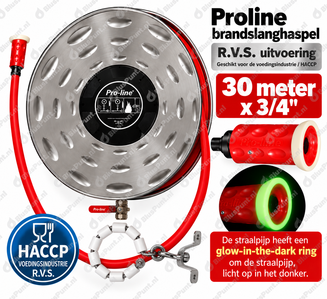 Brandhaspel 30 meter x 3/4 RVS Proline