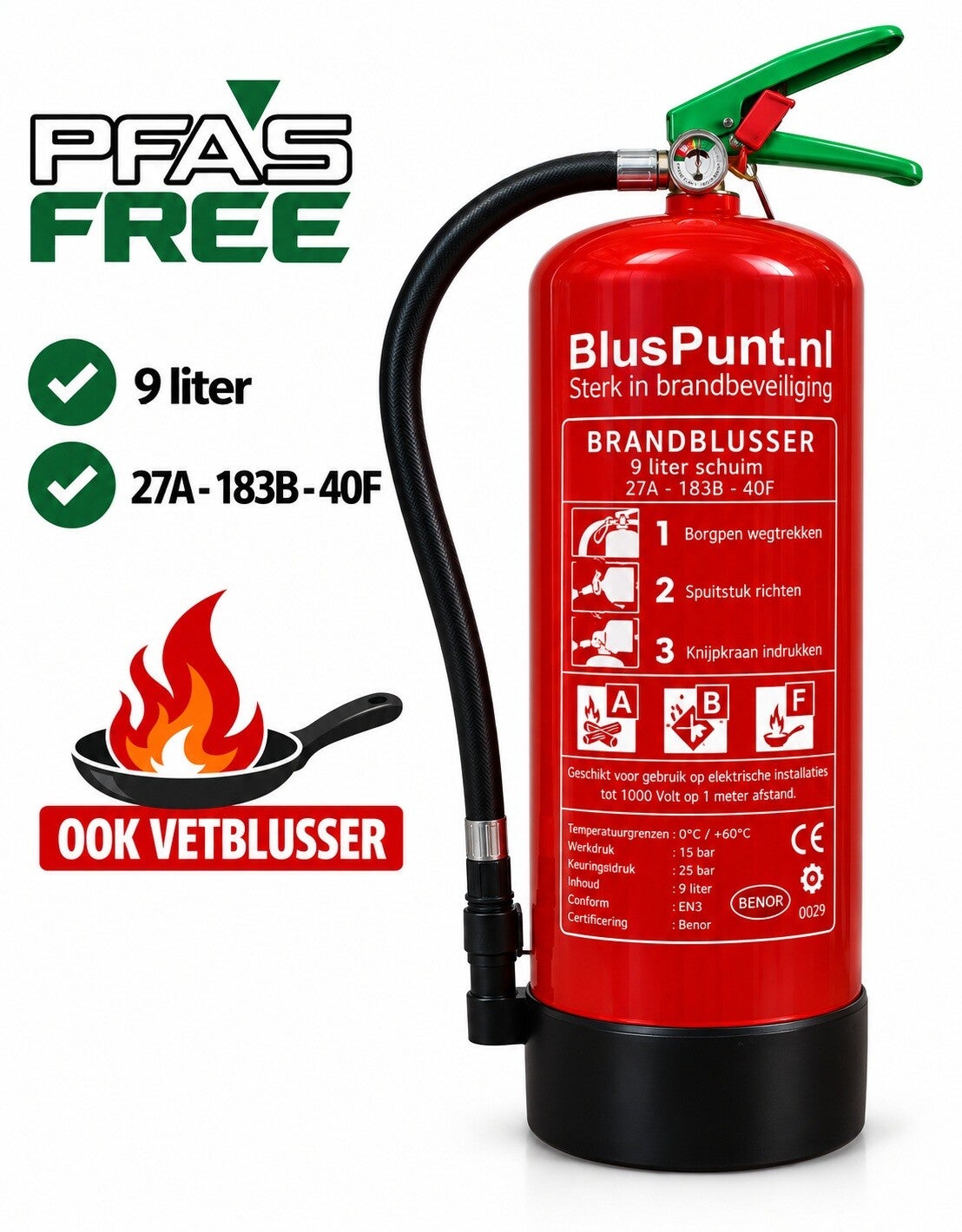 PFAS vrije brandblusser schuim 9-liter 27A-183B-40F (ook vetblusser)