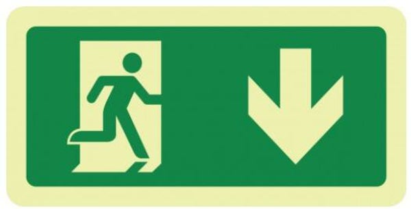 Sticker vluchtweg Omlaag 15x30cm EN-ISO7010 oplichtend