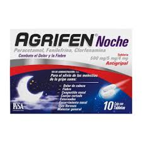 AGRIFEN NOCHE PARACETAMOL/FENILEFRINA/CLORFENAMINA 500MG/5MG/4MG TABS. /10