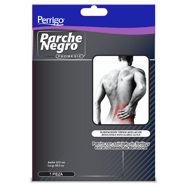 PARCHE NEGRO PROMEDIC SALICILATO DE METILO 0.18 G CARBONATO DE CALCIO 0.10 G CAPSICO 0.17 G OXIDO DE ZINC 0.17 G BELLADONA 0.00 G BREA COLOFONIA 0.24 G