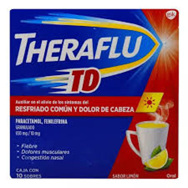 THERAFLU TD PARACETAMOL/FENILEFRINA 650MG/10MG SABOR LIMON C/10 SOBRES GRANULADO