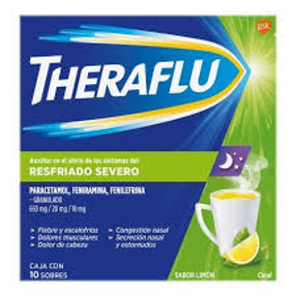 THERAFLU  NOCHE PARACETAMOL/FENIRAMINA/FENILEFRINA 650MG/20MG/10MG SOBRES C/10 SABOR LIMON