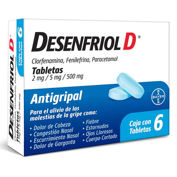 DESENFRIOL D TABLETAS C/6 (CLORFENAMINA/FENILEFRINA/PARACETAMOL)