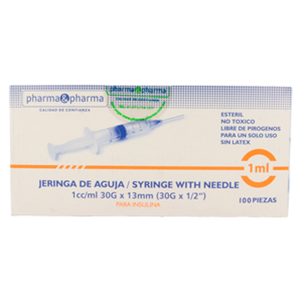 JERINGA PARA INSULINA 1ML 30G X 13MM 100 PZAS. PHARMA & PHARMA