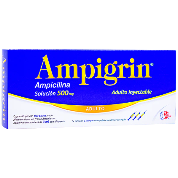 AMPIGRIN ADULTO INYECTABLE (AMPICILINA 500.00 MG LIDOCAINA 30.00 MG GUAIFENESINA 100.00 MG METAMIZOL SODICO 500.00 MG CLORFENAMINA 4MG)