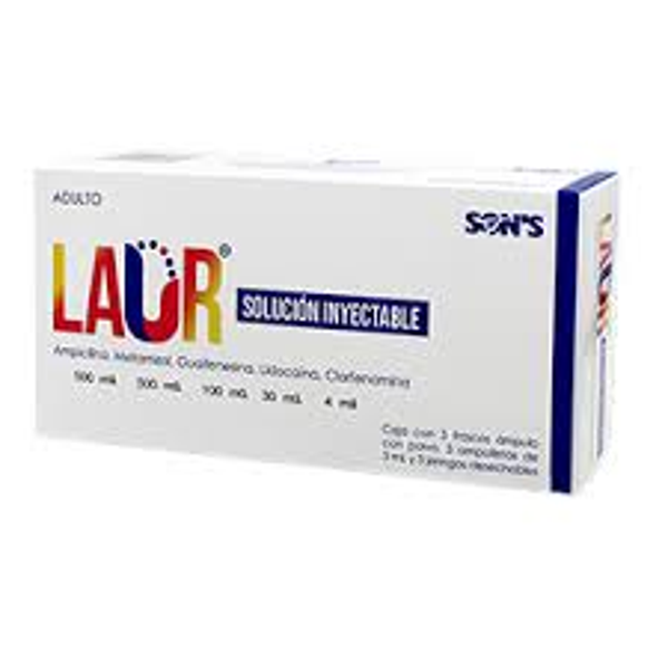 LAUR SOL. INY. METAMIZOL SODICO 500.00 MG CLORFENAMINA C/3 AMPOLLETAS 4.00 MG AMPICILINA 500.00 MG GUAIFENESINA 100.00 MG LIDOCAINA 30.00 MG
