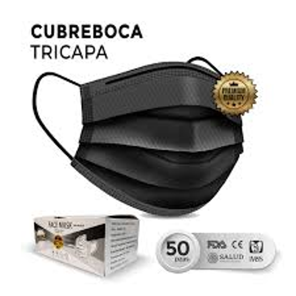 CUBREBOCA PLISADO TRICAPA NEGRO TERMOSELLADO RAGA CAJA C/50