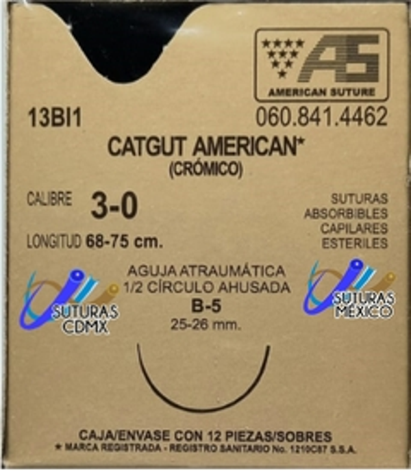 CATGUT AMERICAN CROMICO AGUJA B5 3-0