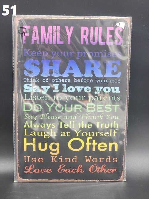 Tin Sign 51 - Family Rules Keep Your Promises SHARE Think Of Others...