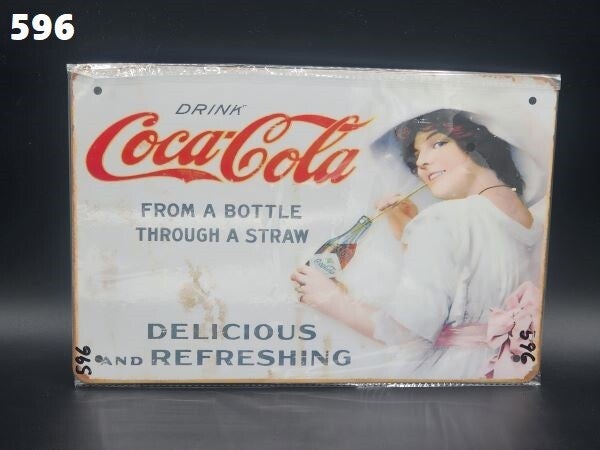 Tin Sign 596 - Drink Coca-Cola From A Bottle Through A Straw Delicious & Refreshing