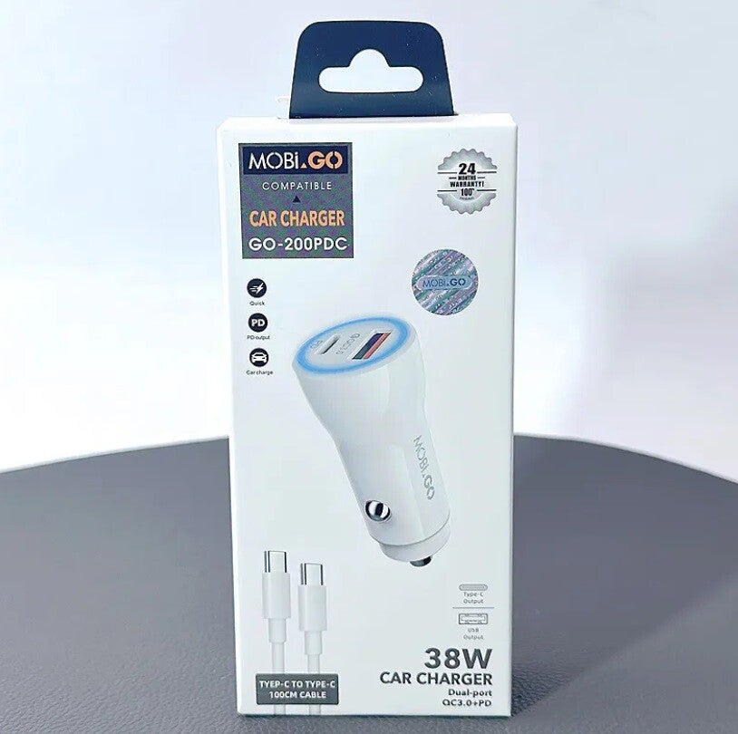 MobiGo GO-200PDC 38W Car Charger + 100cm Type-C to Type-C