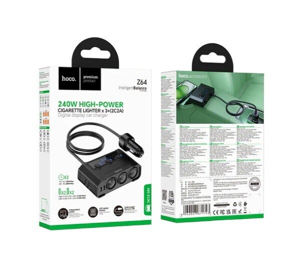 Hoco Z64 240W High-Power Cigarette Lighter x3+(2C2A) Digital Display Car Charger