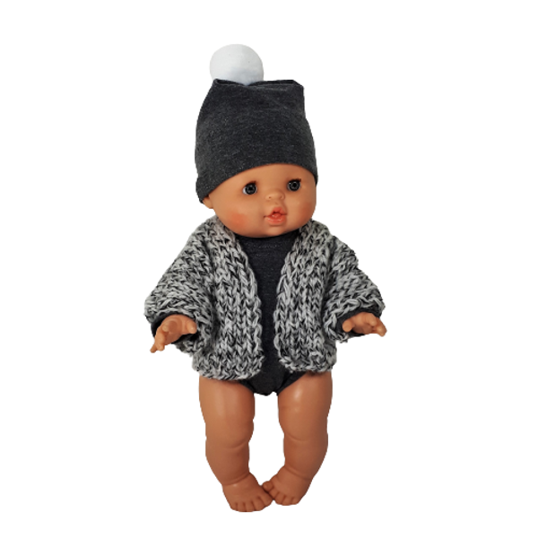 32571 Vestje, romper en beanie grijstinten