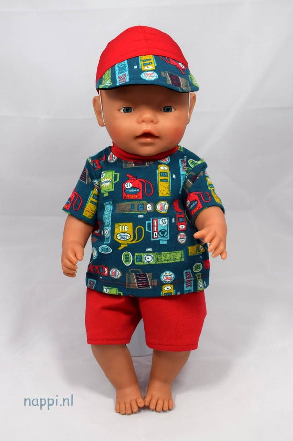 43507 Pet, shirt en broekje "tankstation"