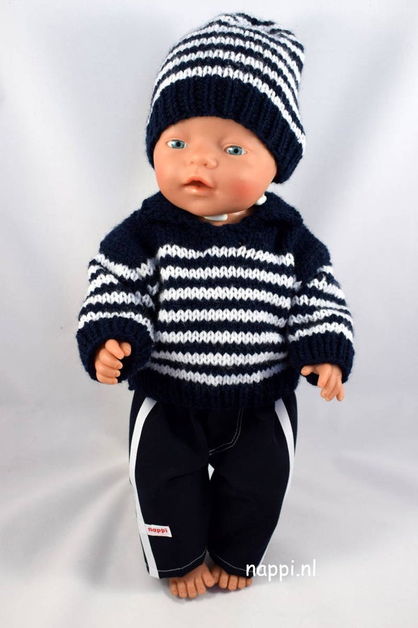43522 Trui, broek en muts streep donkerblauw