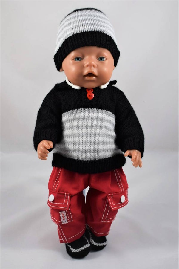 43701 Trui, broek, muts en slofjes stripes