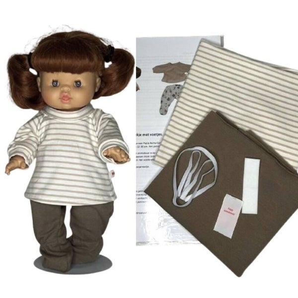 8504 Naaipakket top en slobbroekje met voetjes, beige/wit met beige streepjes