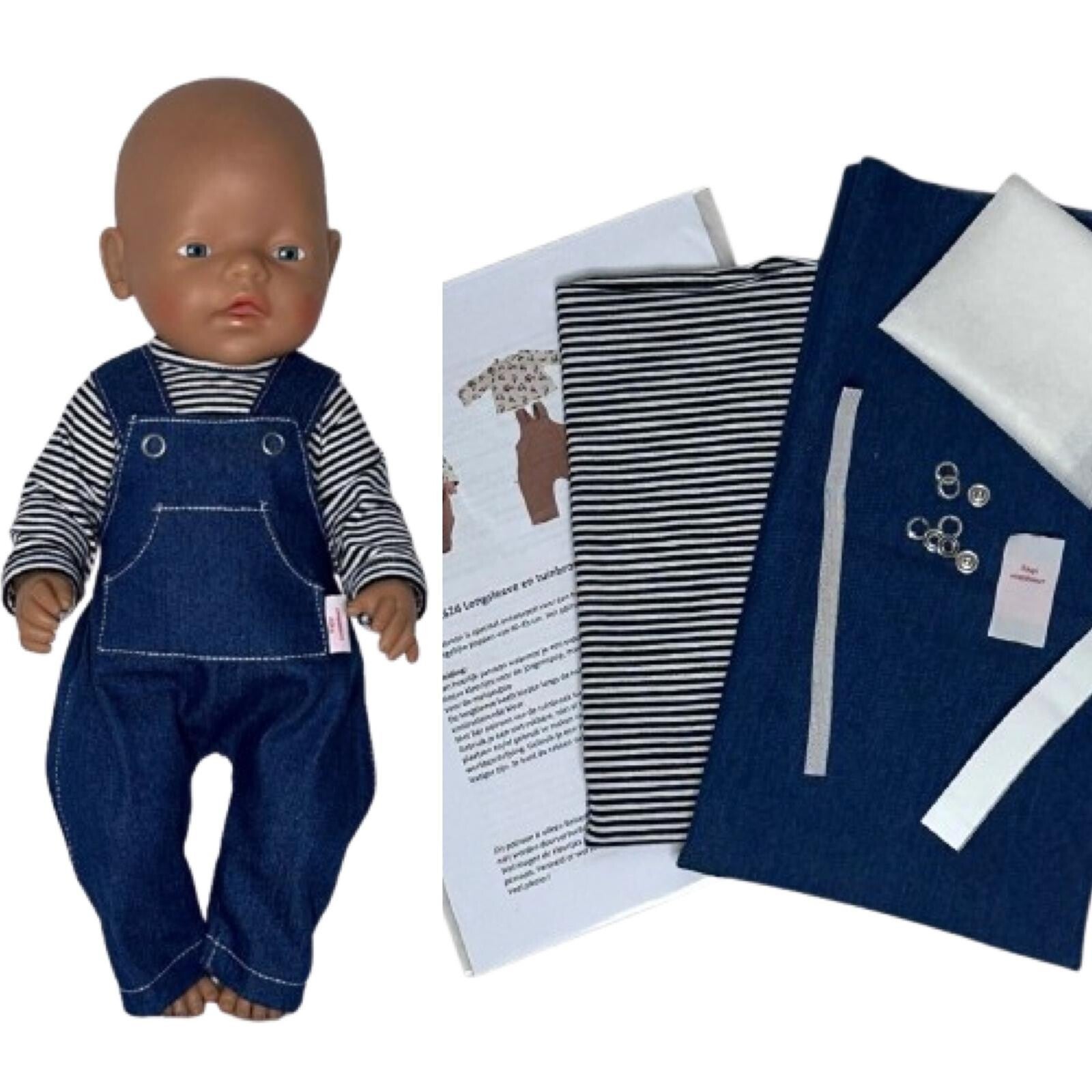 6416 Naaipakket tuinbroek en longsleeve jeans/streep wit-blauw