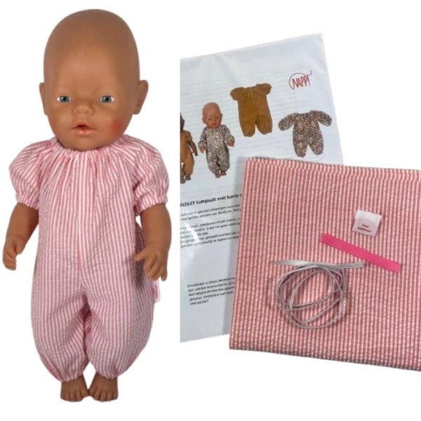 6404 Naaipakket jumpsuit, wit/zachtrood streepje