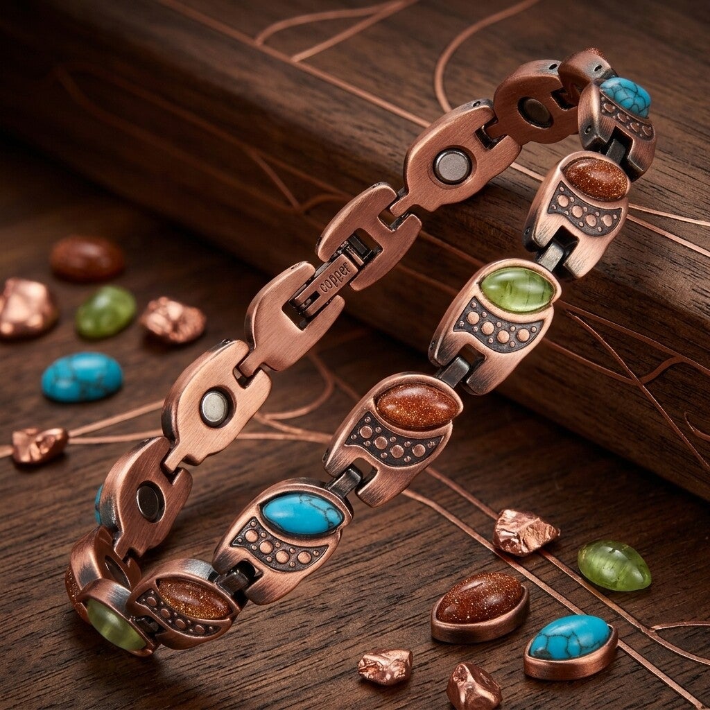 Luxe koperen armband met magneetjes en  stone gold sand, green jade, cat's eye, turquoise – 0,8 cm