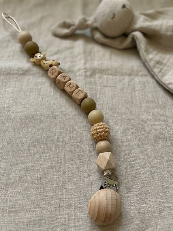 Handmade personalised giraffe pacifier clip