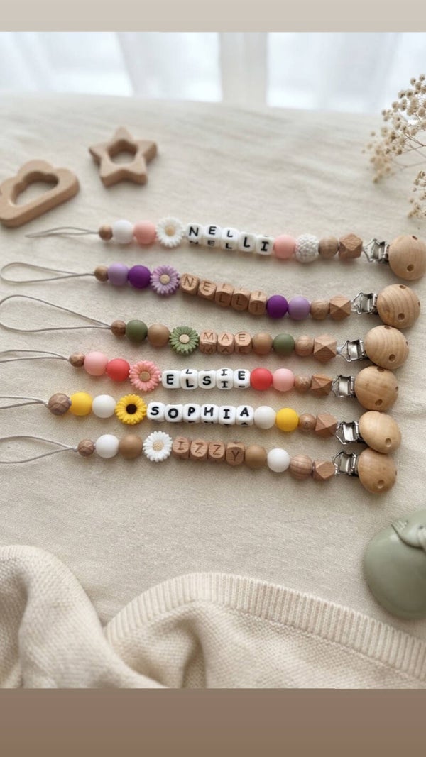 Handmade personalised floral pacifier clip