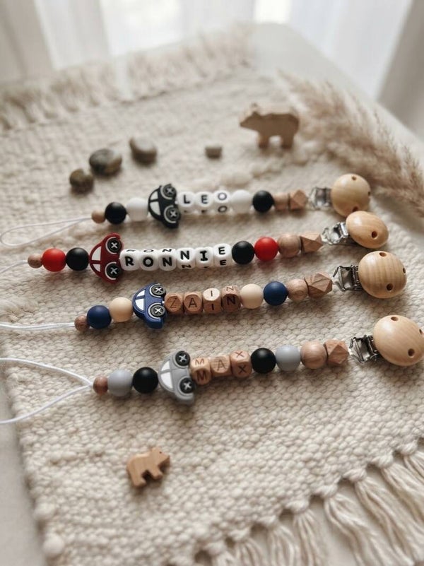 Handmade personalised cars pacifier clip