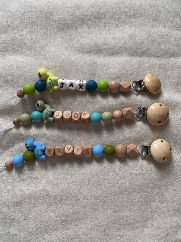 Handmade pereonalised dinosaur pecifier clip