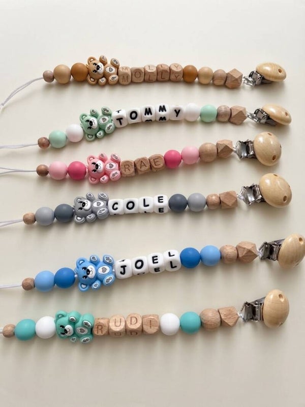 Handmade personalised bear pacifier clip