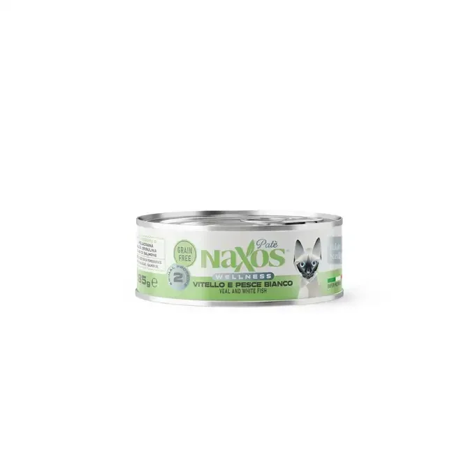 NAXOS CAT STERILIZED - cielęcina i biała ryba - puszka dla kotów sterylizowanych 85g