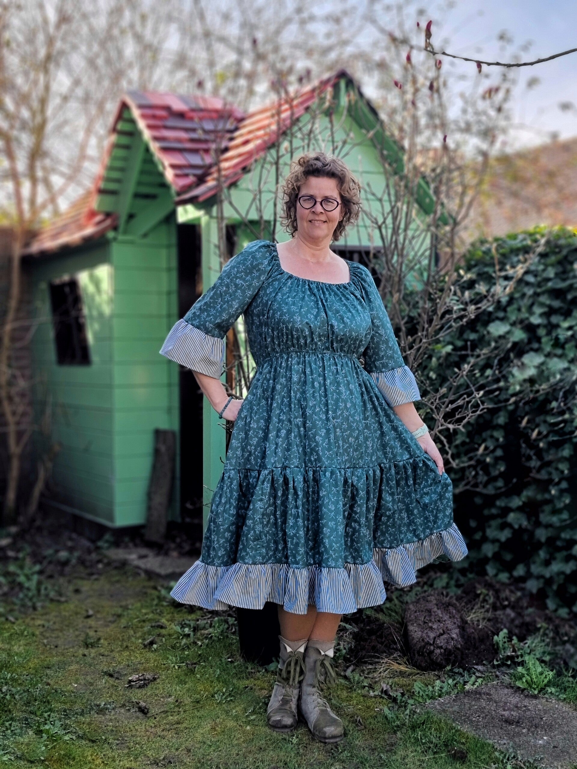 Jurk Freya kort in groene poplin katoen maat L/XL/2XL
