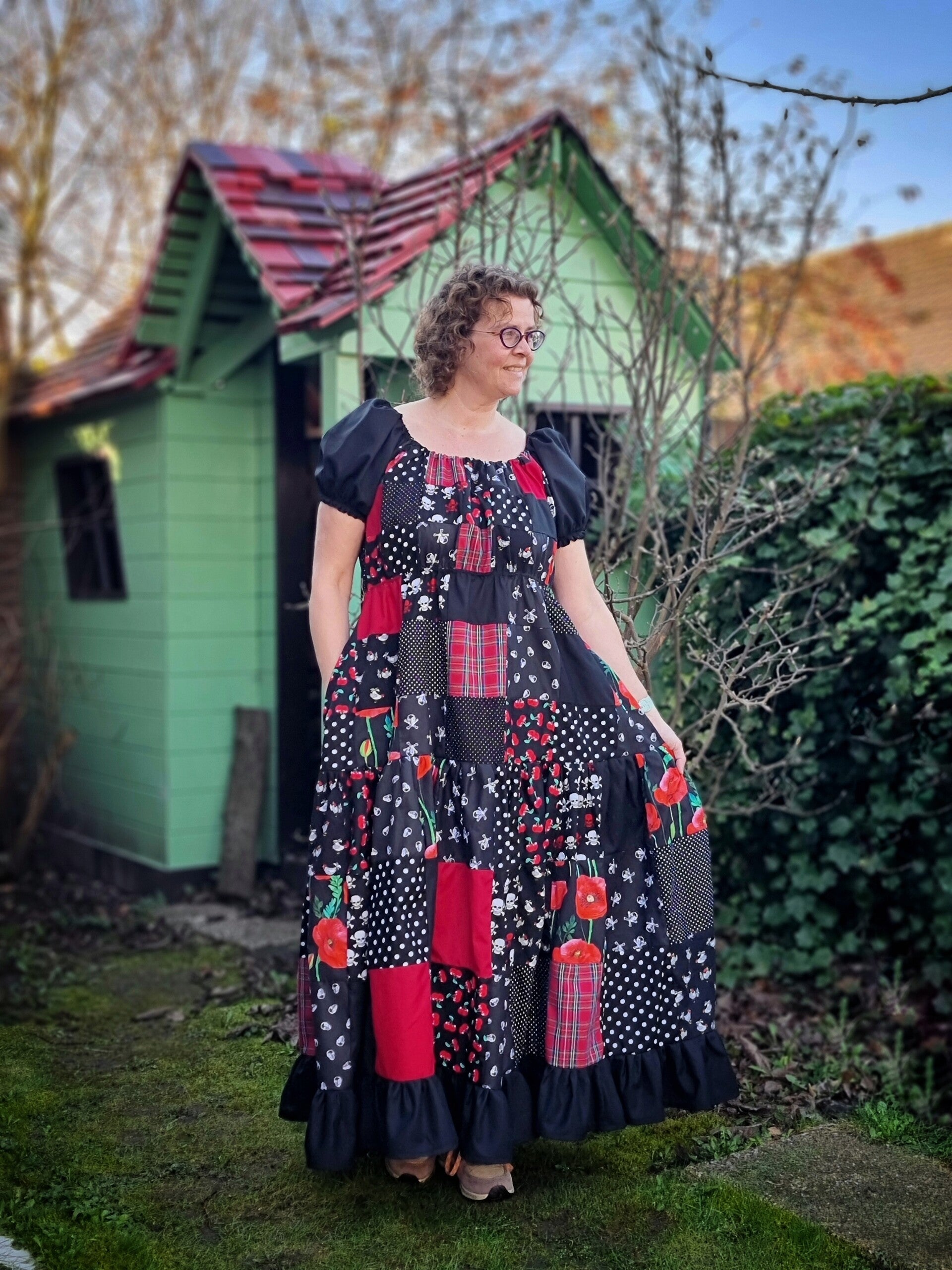Jurk Freya patchwork zwart/rood maat L/XL/2XL
