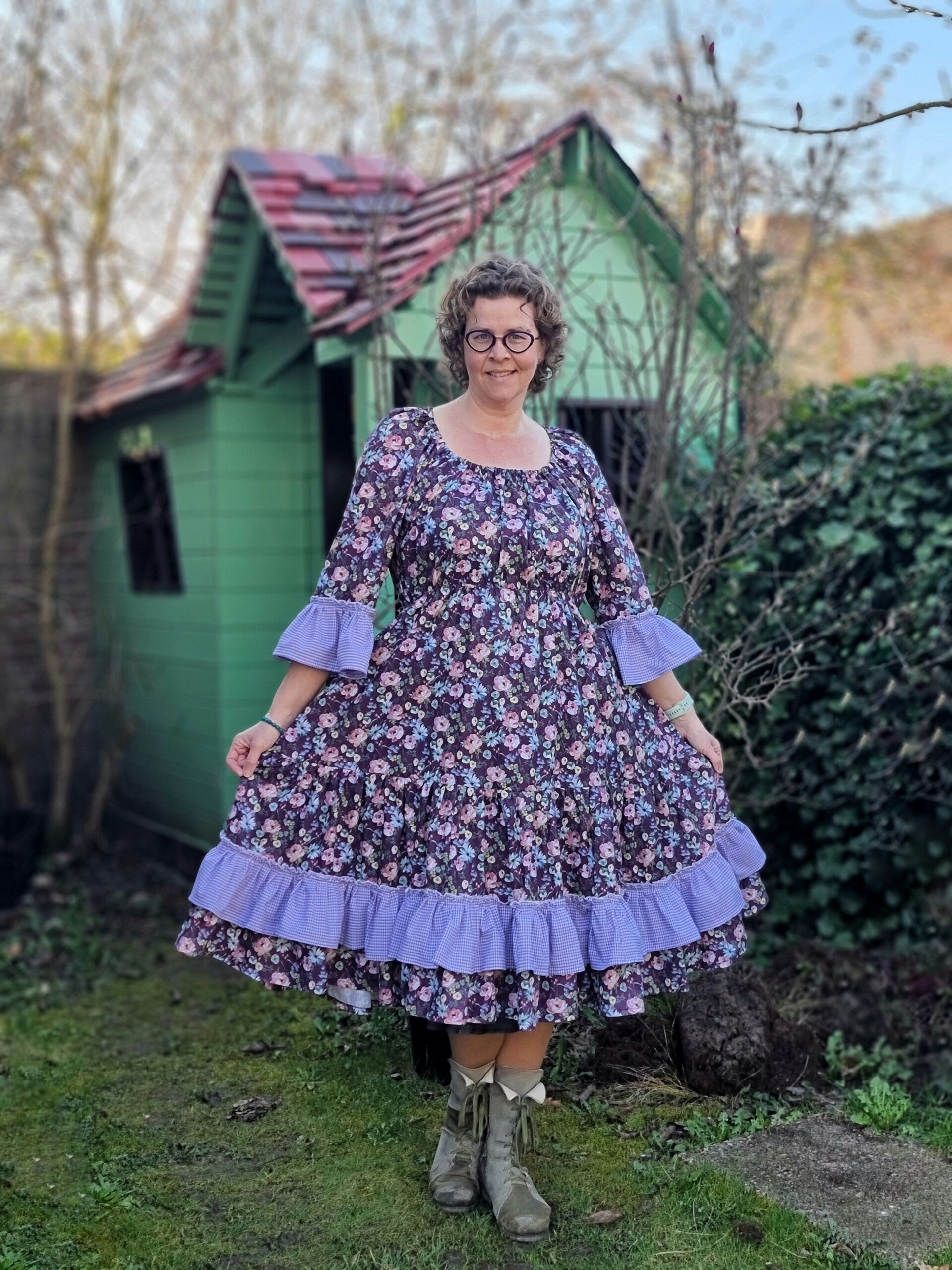 Jurk Freya kort paars bloemen en ruitjes maat XL/2XL/3XL