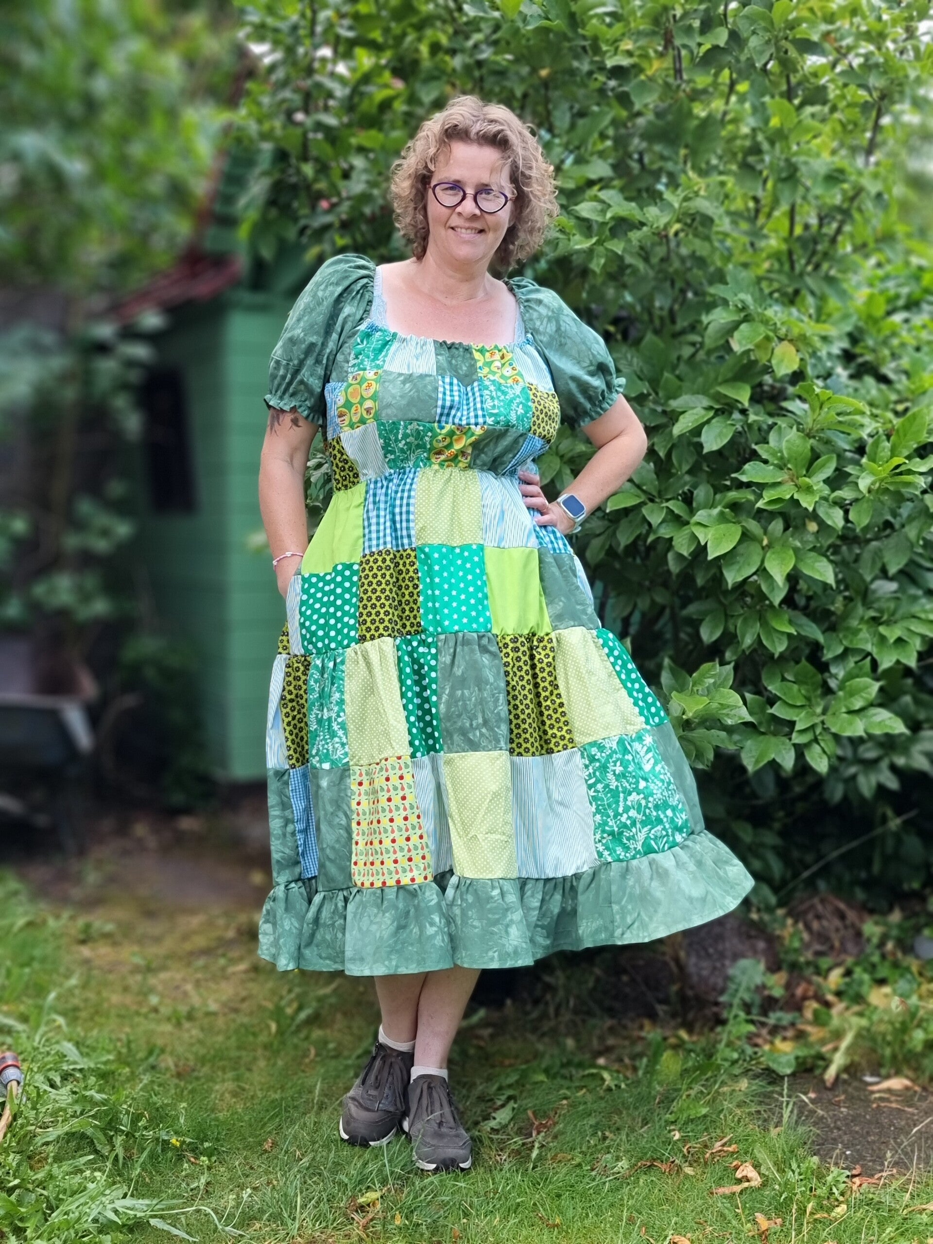 Jurk Freya patchwork kort groen maat L t/m 3XL