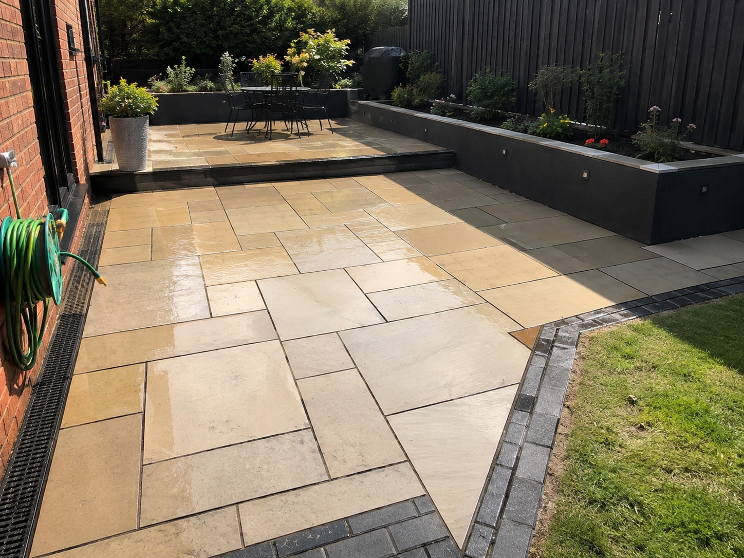 Completed paved patio and garden seating area